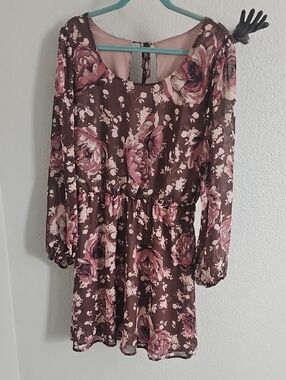 Charlotte Russe Brown Floral Long-Sleeve Scoop Neck Dress with Pink Blooms
